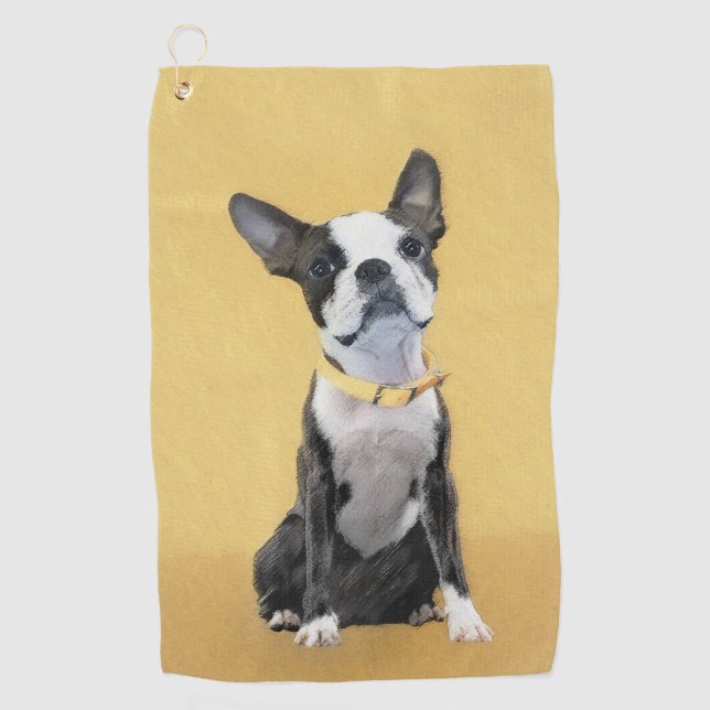 Boston Terrier Painting - Niedliche Original Hund  Golfhandtuch (Vorderseite)