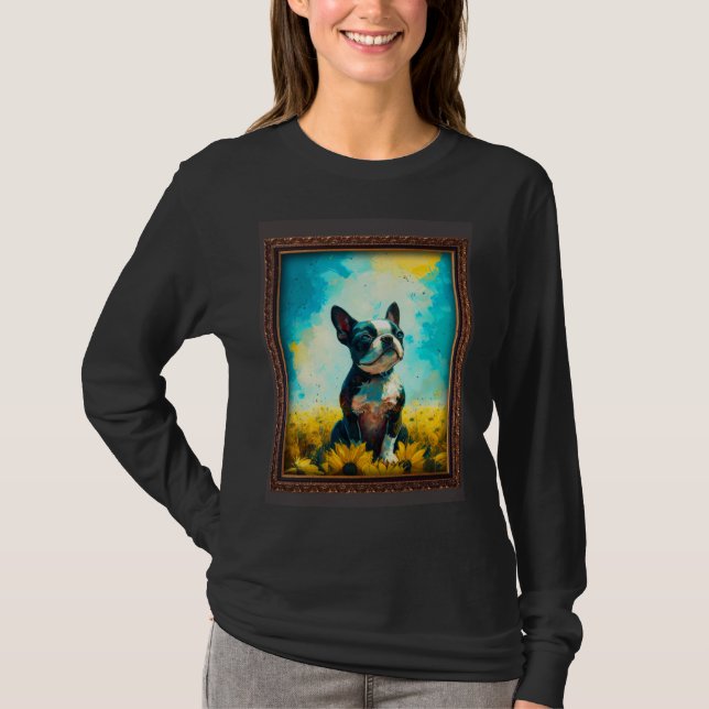 Boston Terrier Painting Sunflower Flower Mom Women T-Shirt (Vorderseite)