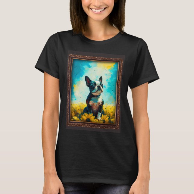 Boston Terrier Painting Sunflower Flower Mom Women T-Shirt (Vorderseite)