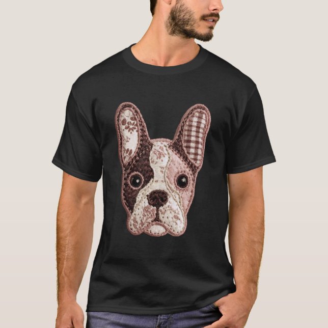Boston Terrier Patchwork-Blumen-Hund Boho-Folk-Art T-Shirt (Vorderseite)