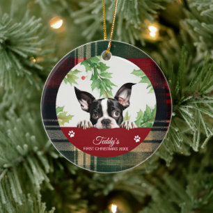 Boston Terrier Personalisiertes erstes Weihnachten Keramik Ornament