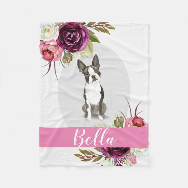 Boston Terrier pink Aquarellfarben Blume Fleecedecke (Vorderseite)