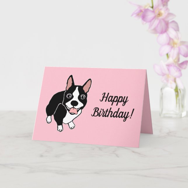 Boston Terrier Pink Happy Birthday Karte (Orchidee)