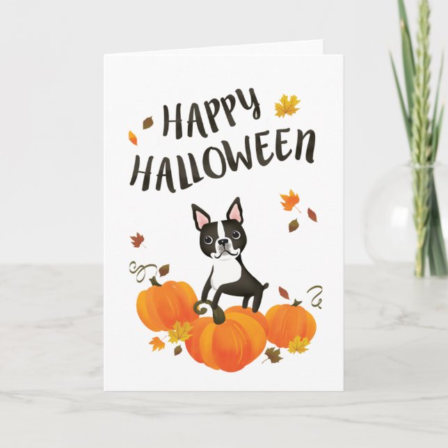 Boston Terrier Pumpkin Herbstlaubs Halloween Card Karte (Vorderseite)