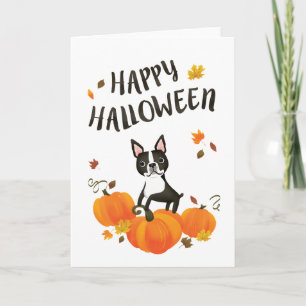 Boston Terrier Pumpkin Herbstlaubs Halloween Card Karte