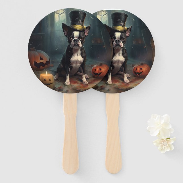 Boston Terrier Pumpkins Halloween Beängstigend Fächer (Vorne und Hinten)