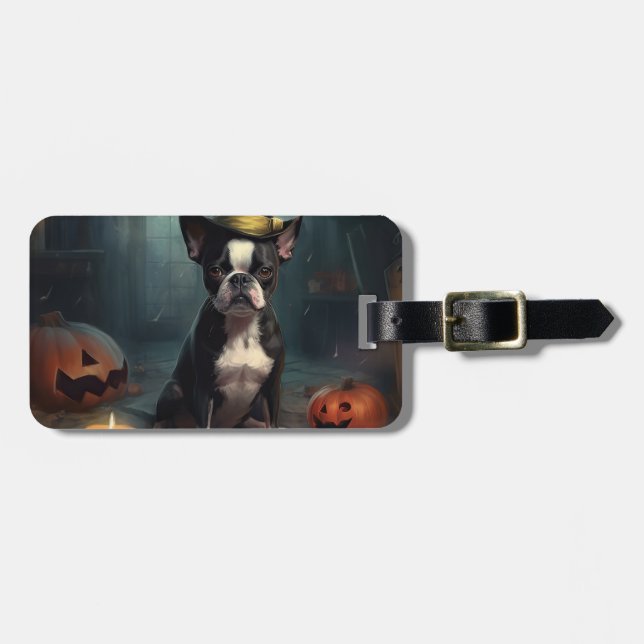 Boston Terrier Pumpkins Halloween Beängstigend Gepäckanhänger (Vorderseite horizontal)