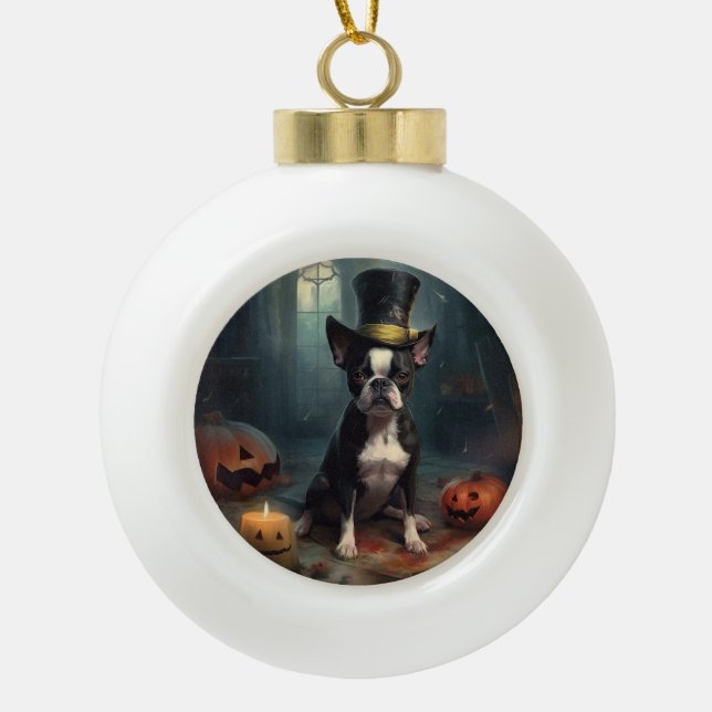 Boston Terrier Pumpkins Halloween Beängstigend Keramik Kugel-Ornament (Vorderseite)