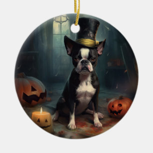 Boston Terrier Pumpkins Halloween Beängstigend Keramik Ornament