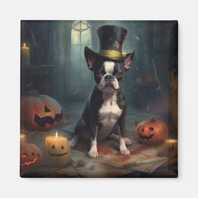 Boston Terrier Pumpkins Halloween Beängstigend Magnet (Vorne)