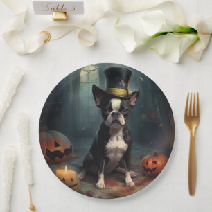Boston Terrier Pumpkins Halloween Beängstigend Pappteller