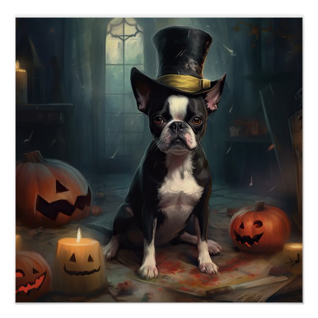 Boston Terrier Pumpkins Halloween Beängstigend Poster (Vorderseite)