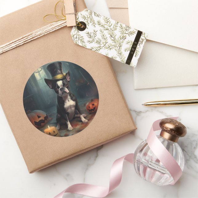 Boston Terrier Pumpkins Halloween Beängstigend Runder Aufkleber (Schenken)