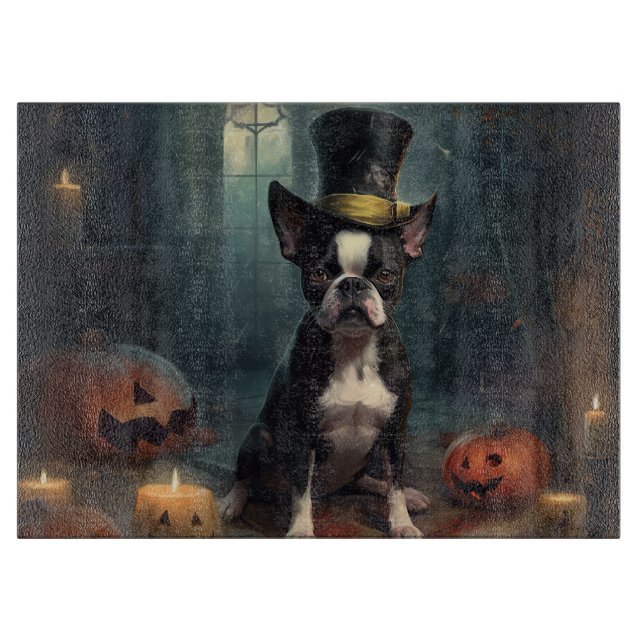 Boston Terrier Pumpkins Halloween Beängstigend Schneidebrett (Vorderseite)