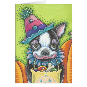 BOSTON TERRIER PUP, HALLOWEN CLOWEN DOG CARD Blank