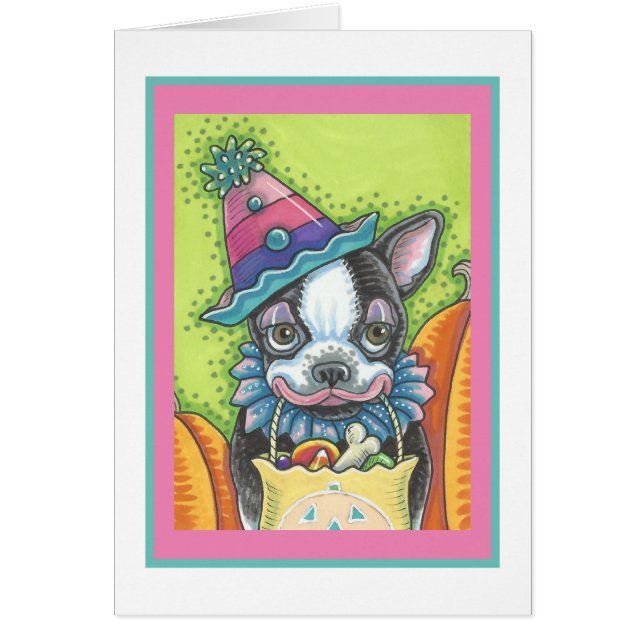 BOSTON TERRIER PUP, HALLOWEN CLOWEN DOG CARD Verse (Vorne)