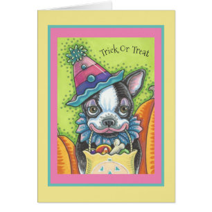 BOSTON TERRIER PUP, HALLOWEN CLOWEN DOG CARD Verse
