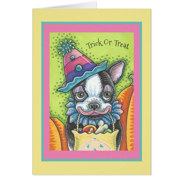 BOSTON TERRIER PUP, HALLOWEN CLOWEN DOG CARD Verse (Vorne)