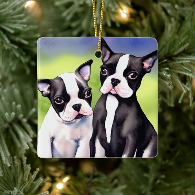 Boston Terrier Puppies Watercolor Keramikornament (Baum)