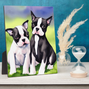 Boston Terrier Puppies Watercolor Tabletop Fotoplatte