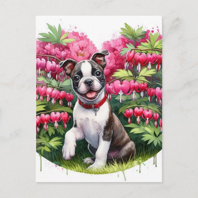 Boston Terrier Puppy Bleeding Herz-Blume Postkarte (Vorderseite)