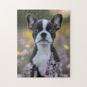 Boston Terrier Puppy Lupine Blume Puzzle