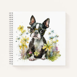 Boston Terrier Puppy mit Brille in Wildblumen Notizbuch
