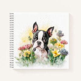 Boston Terrier Puppy umgeben von Wildblumen Notizbuch