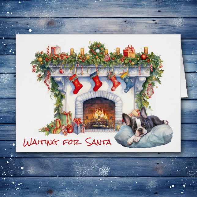 Boston Terrier Puppy wartet auf Santa Fireplace (Von Creator hochgeladen)