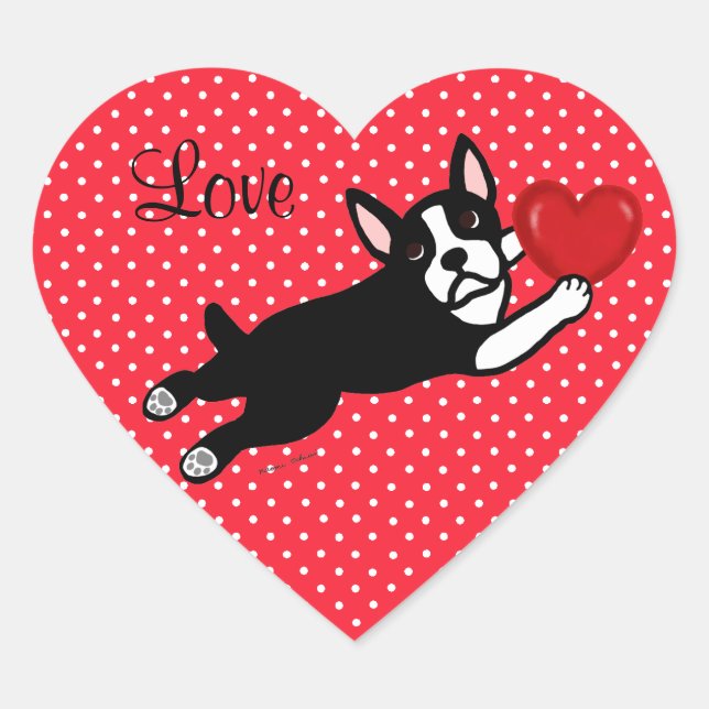 Boston Terrier & Red Heart Cartoon Liebe Herz-Aufkleber (Vorderseite)