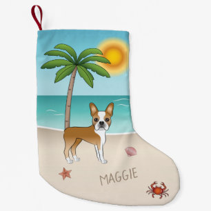 Boston Terrier Reh auf einem tropischen Sommerstra Kleiner Weihnachtsstrumpf