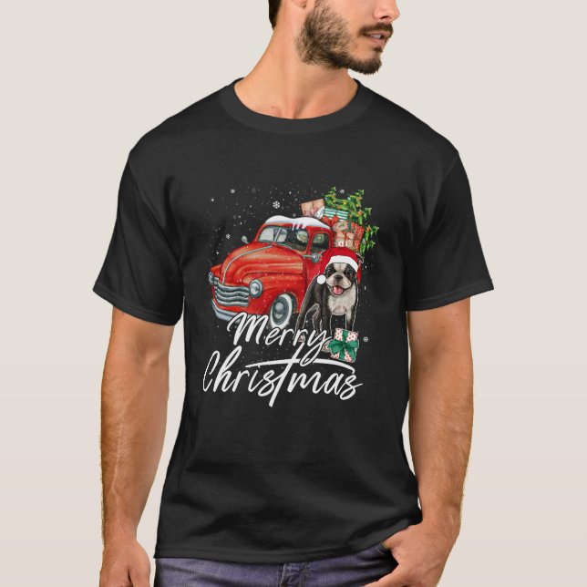 Boston Terrier Ride Red Truck Weihnachten Pajama_f T-Shirt (Vorderseite)