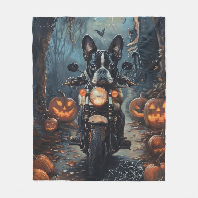 Boston Terrier Riding Motorrad Halloween Beängstig Fleecedecke (Vorderseite)