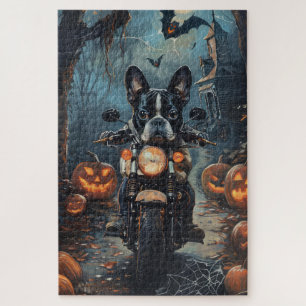 Boston Terrier Riding Motorrad Halloween Beängstig Puzzle