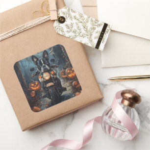 Boston Terrier Riding Motorrad Halloween Beängstig Quadratischer Aufkleber