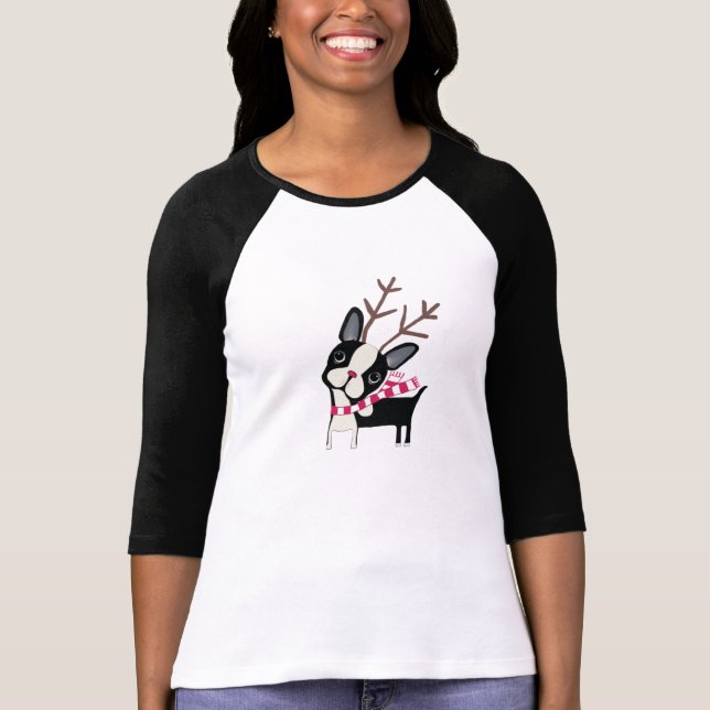 Boston Terrier Rudolph das Ren T-Shirt (Vorderseite)