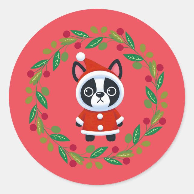 Boston Terrier Santa in einem Kranz-Weihnachtsaufk Runder Aufkleber (Vorderseite)