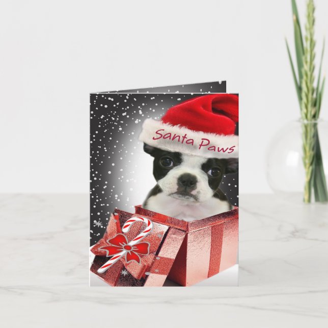 Boston Terrier Santa Paws Cards Feiertagskarte (Vorderseite)