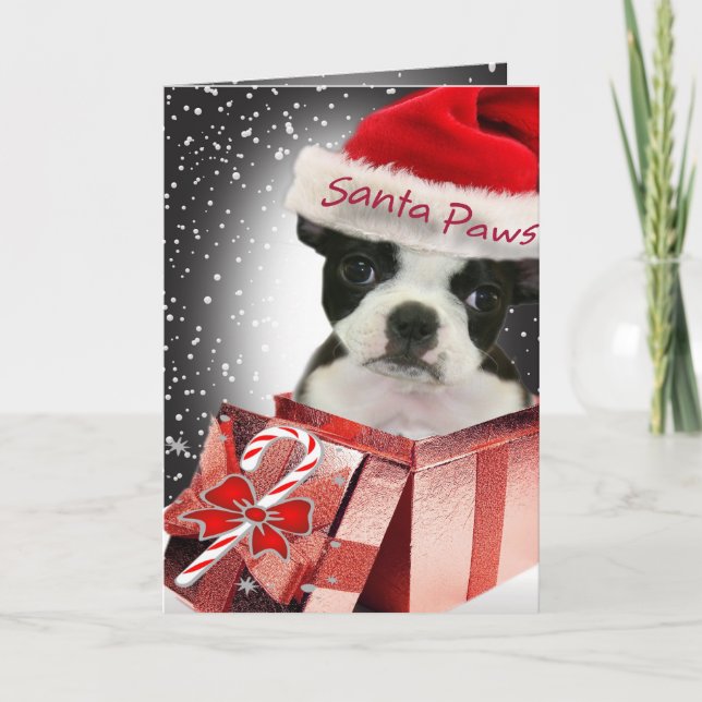 Boston Terrier Santa Paws Cards Feiertagskarte (Vorderseite)