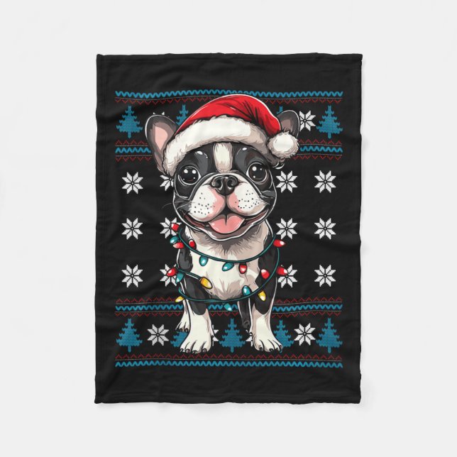 Boston Terrier Santa Xmas Tree Lights Bostie Ugly Fleecedecke (Vorderseite)