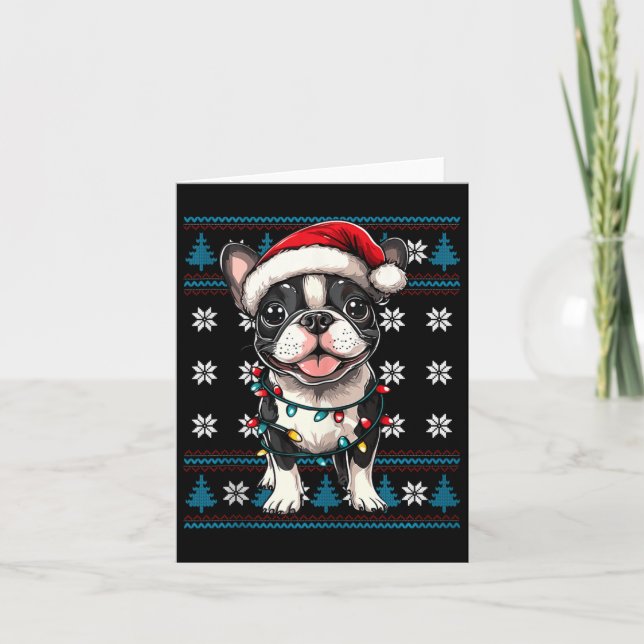 Boston Terrier Santa Xmas Tree Lights Bostie Ugly Karte (Vorderseite)