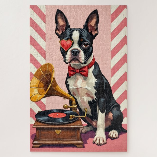 Boston Terrier schicker Valentinstag-Monokel Puzzle (Vertikal)