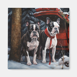Boston Terrier Schnee-Schlitten Weihnachtsdekorati Magnet