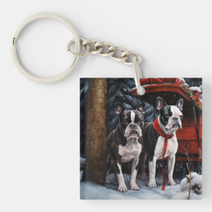 Boston Terrier Schnee-Schlitten-Weihnachtsdekorati Schlüsselanhänger