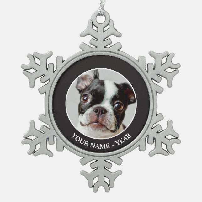 Boston Terrier Schneeflocken Zinn-Ornament (Vorderseite)