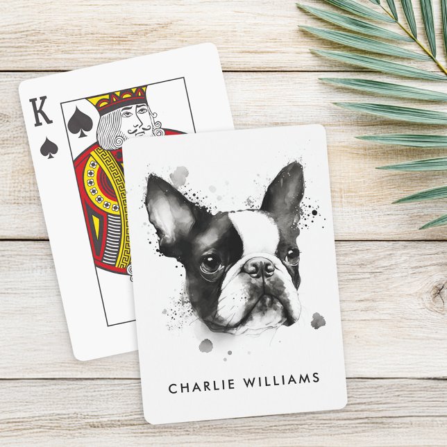 Boston Terrier Schwarz-Weiß Aquarell Spielkarten (Boston terrier black and white watercolor poker cards)
