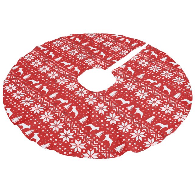 Boston Terrier Silhouetten Pattern Red Leinenimitat Weihnachtsbaumdecke (Schrägansicht)
