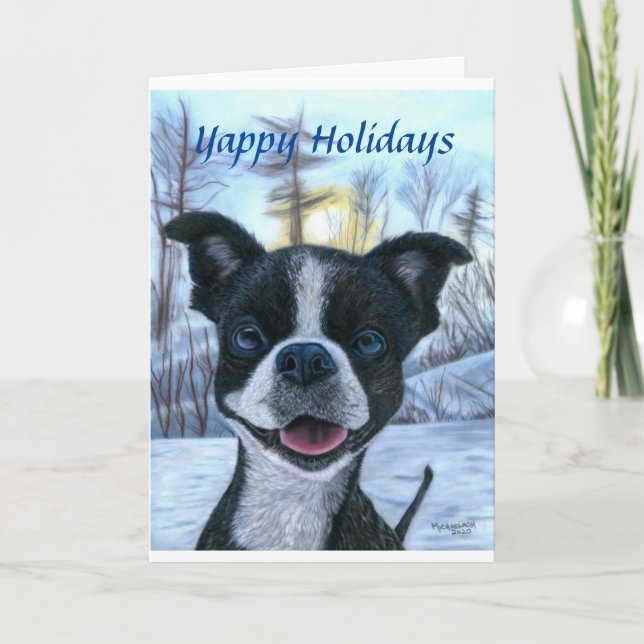 Boston Terrier Snow Holiday Greeting Card Karte (Vorderseite)