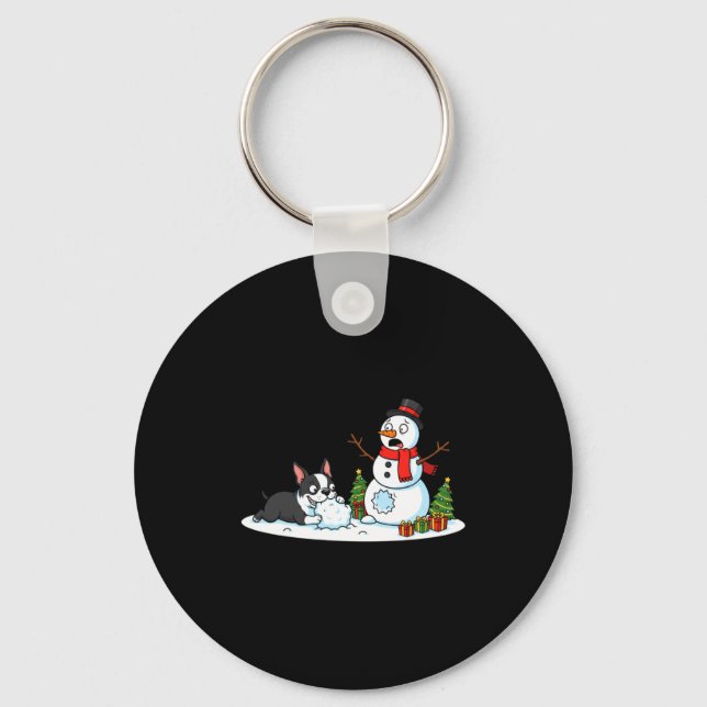 Boston Terrier Snowman Christmas Tree Xmas Womens  Schlüsselanhänger (Vorderseite)