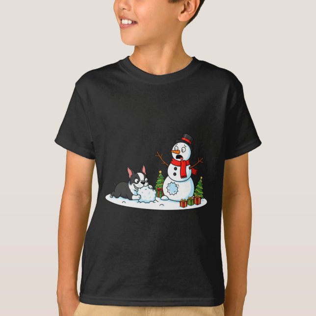 Boston Terrier Snowman Christmas Tree Xmas Womens  T-Shirt (Vorderseite)